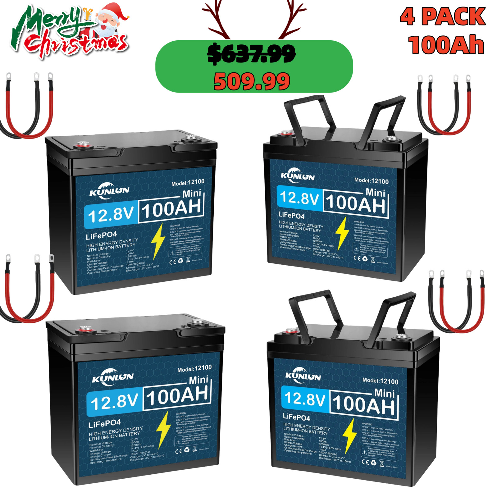 4PK KUNLUN 12V 100Ah LiFePO4 Battery – Mini, 16lbs, BMS, for Trolling Motor, RV,