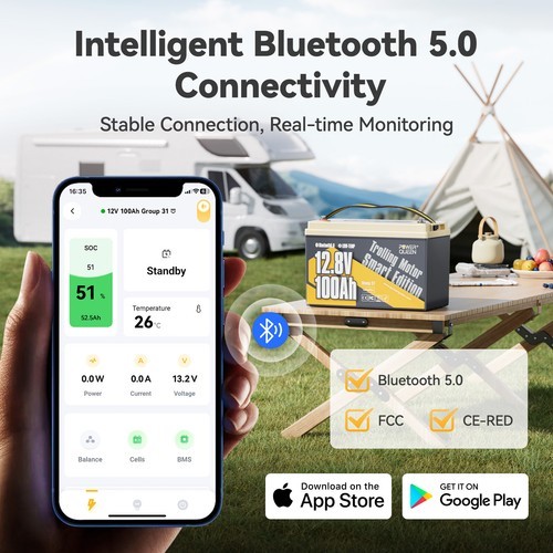 Power Queen 12V 100Ah Group 31 Smart Bluetooth LiFePO4 Battery BMS for RV Solar