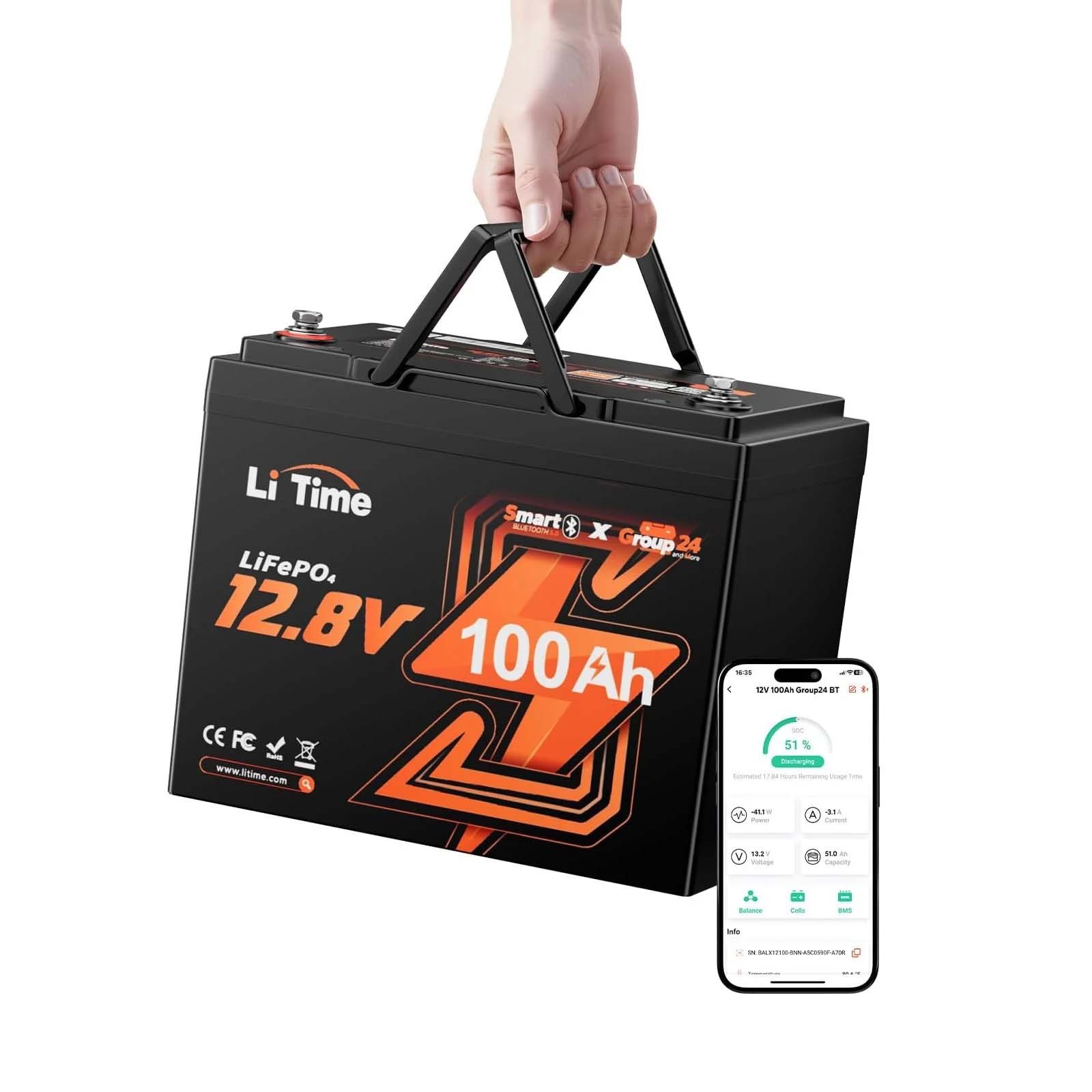 Litime 12V 100Ah Smart Bluetooth Group 24 LiFePO4 Lithium Battery For Solar RV