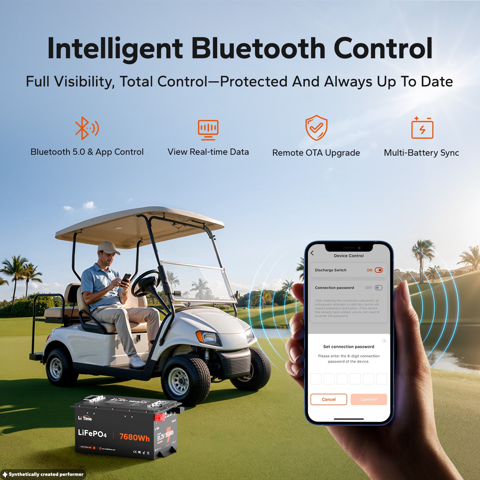 LiTime 48V 51.2V 150Ah Bluetooth Golf Cart Lithium Battery LiFePO4 300A BMS IP65