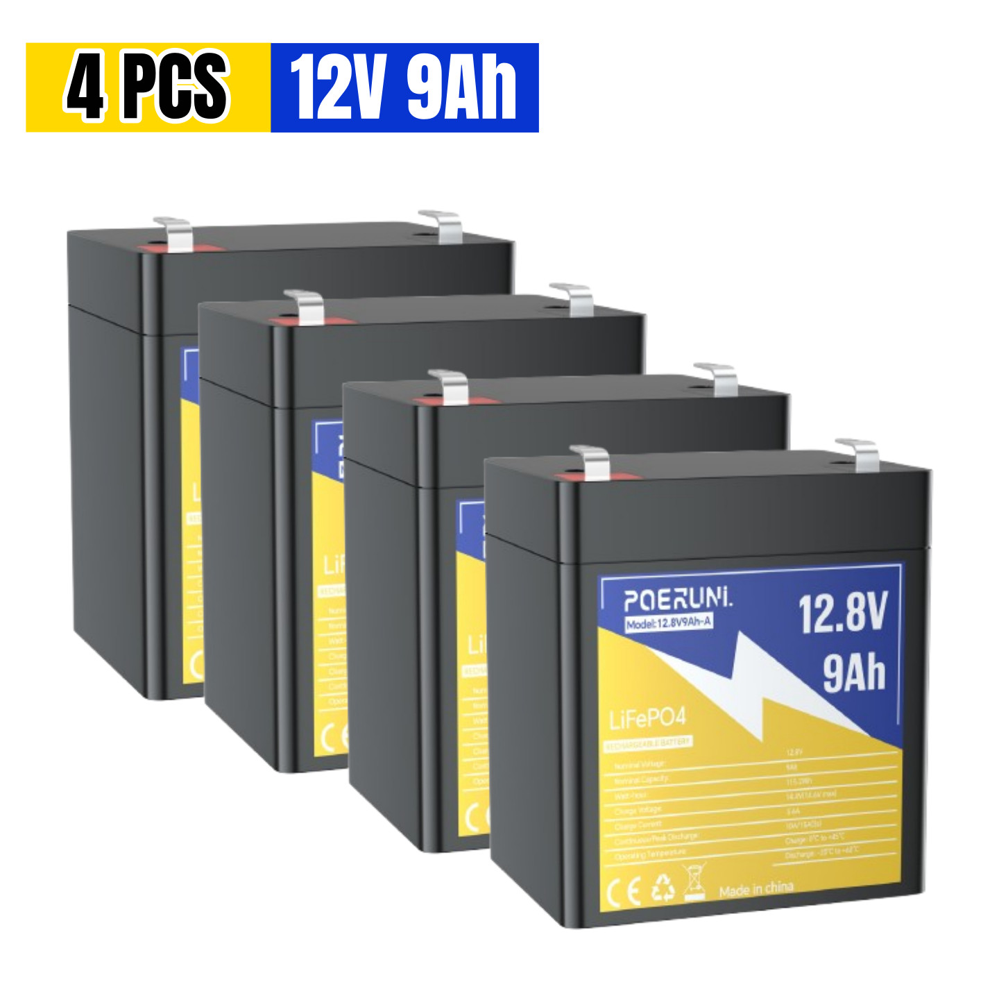 4x LiFePO4 12V Battery Lithium 9Ah Deep Cycle with BMS POERUNI For Solar Marine