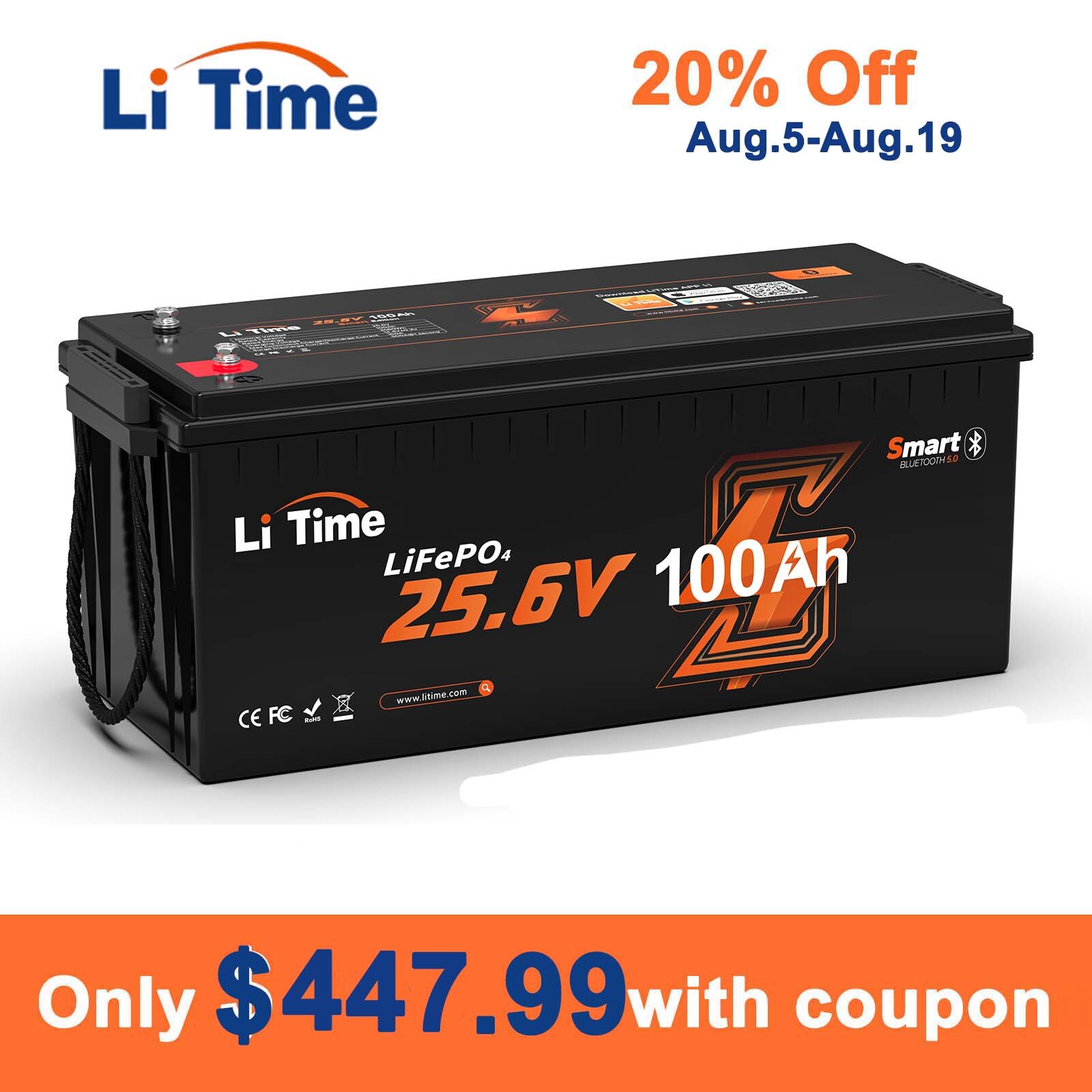 Litime 24V 100Ah Bluetooth 5.0 Low Temp LiFePO4 Lithium Battery For Off-grid RV