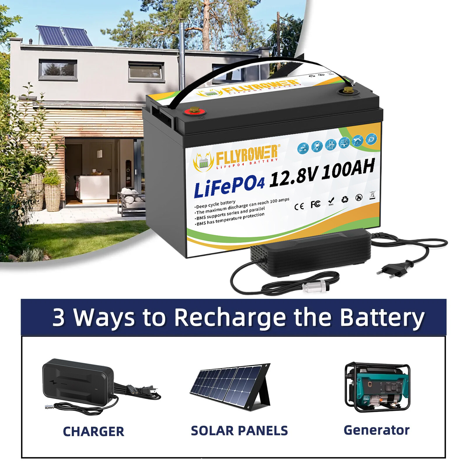 FLLYROWER 12V 100Ah 200Ah 300Ah LiFePO4 Lithium Battery Deep Cycle for RV Marine