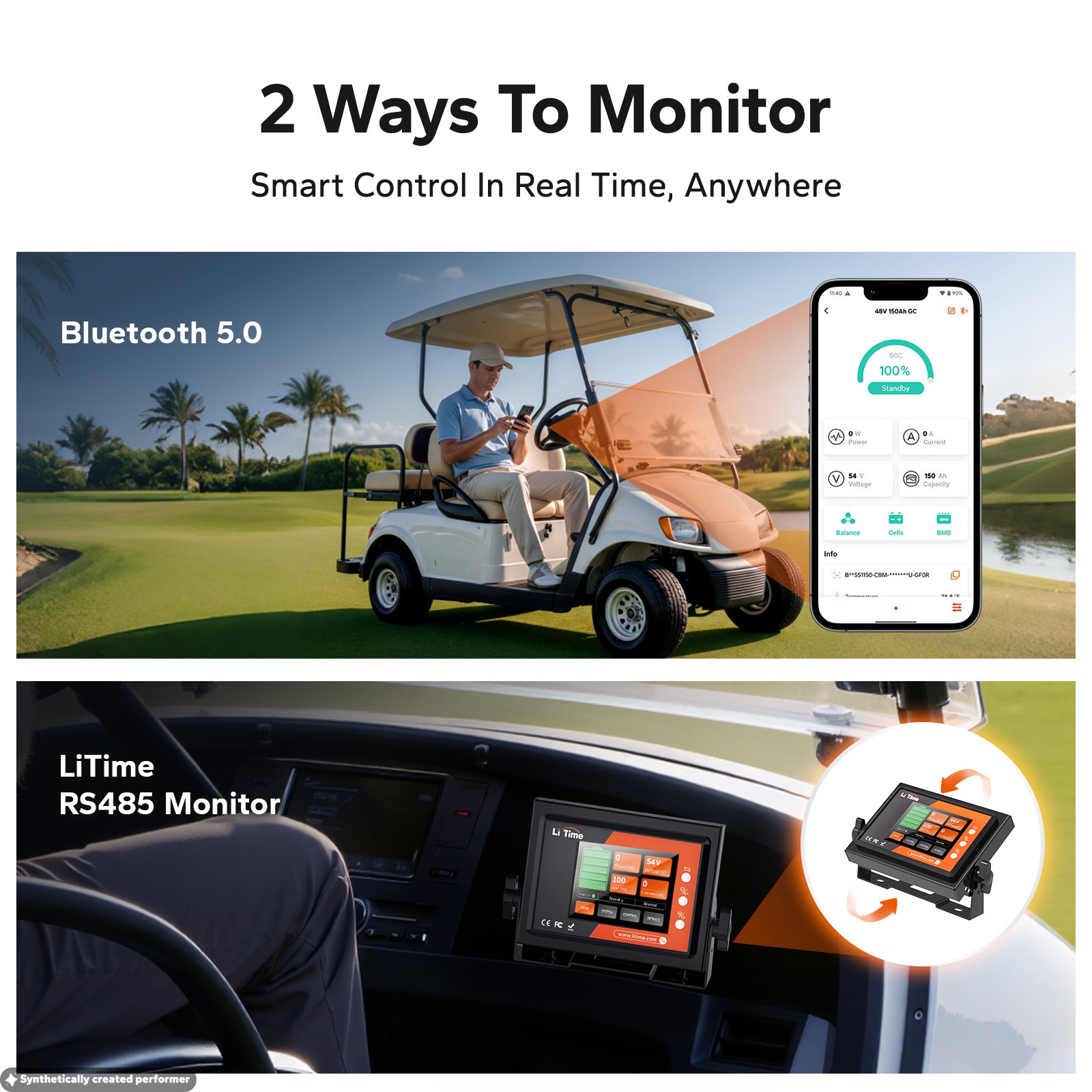 LiTime 48V 51.2V 150Ah Bluetooth Golf Cart Lithium Battery LiFePO4 300A BMS IP65