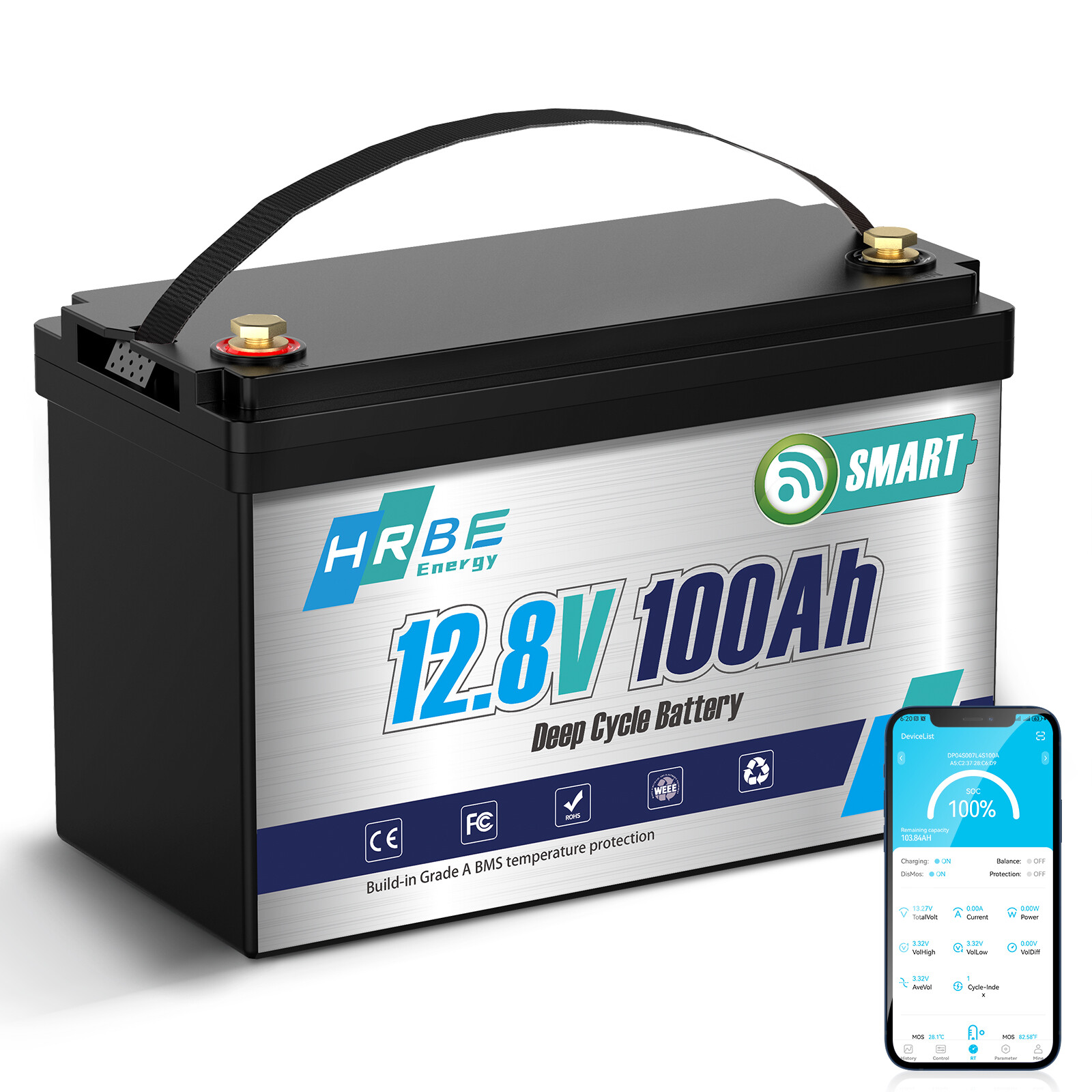 12V 100AH Mini LiFePO4 Lithium Battery Bluetooth monitoring Boat RV Solar Panel