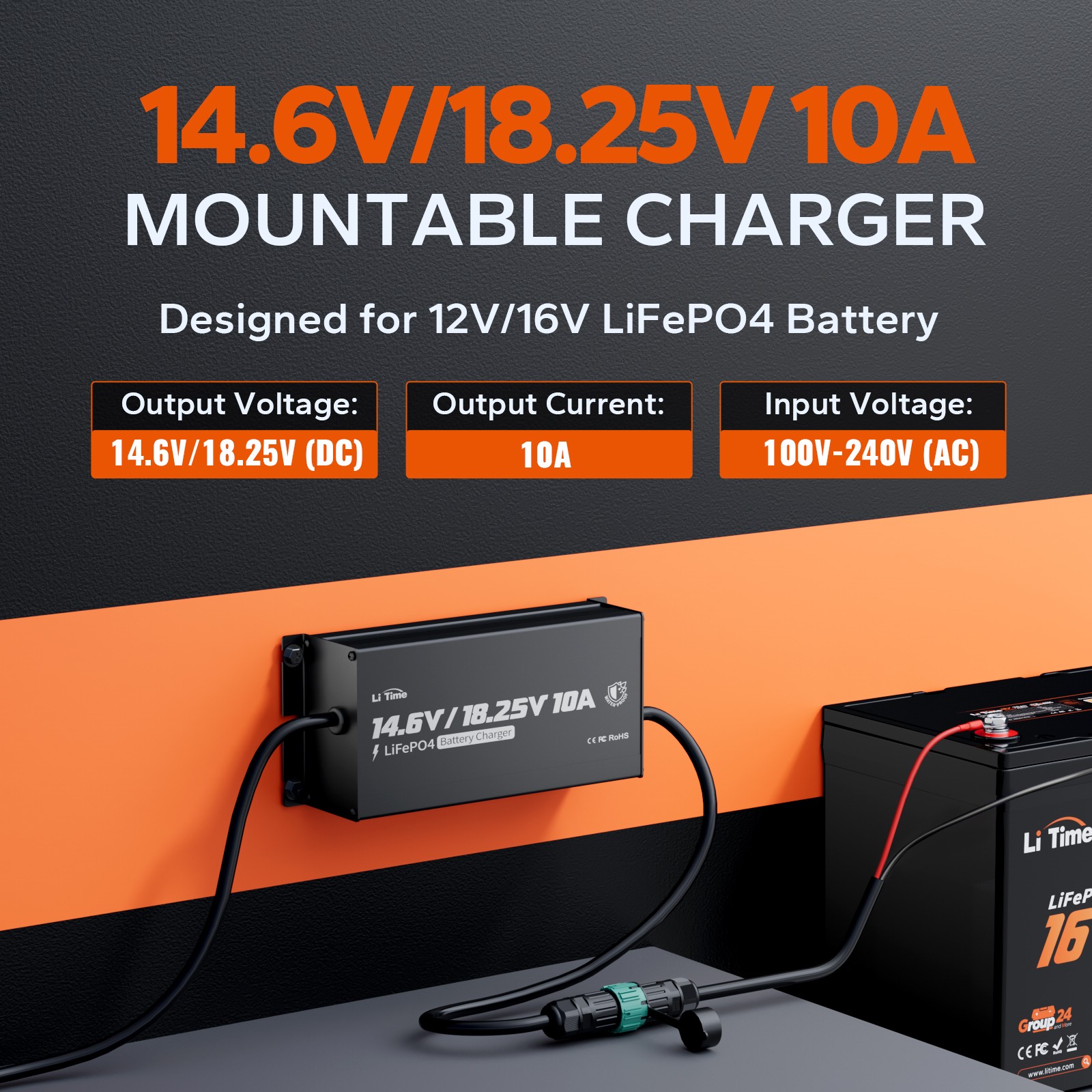 LiTime 16V 70Ah Bluetooth LiFePO4 Lithium Battery+10A Charger For Fish Finder