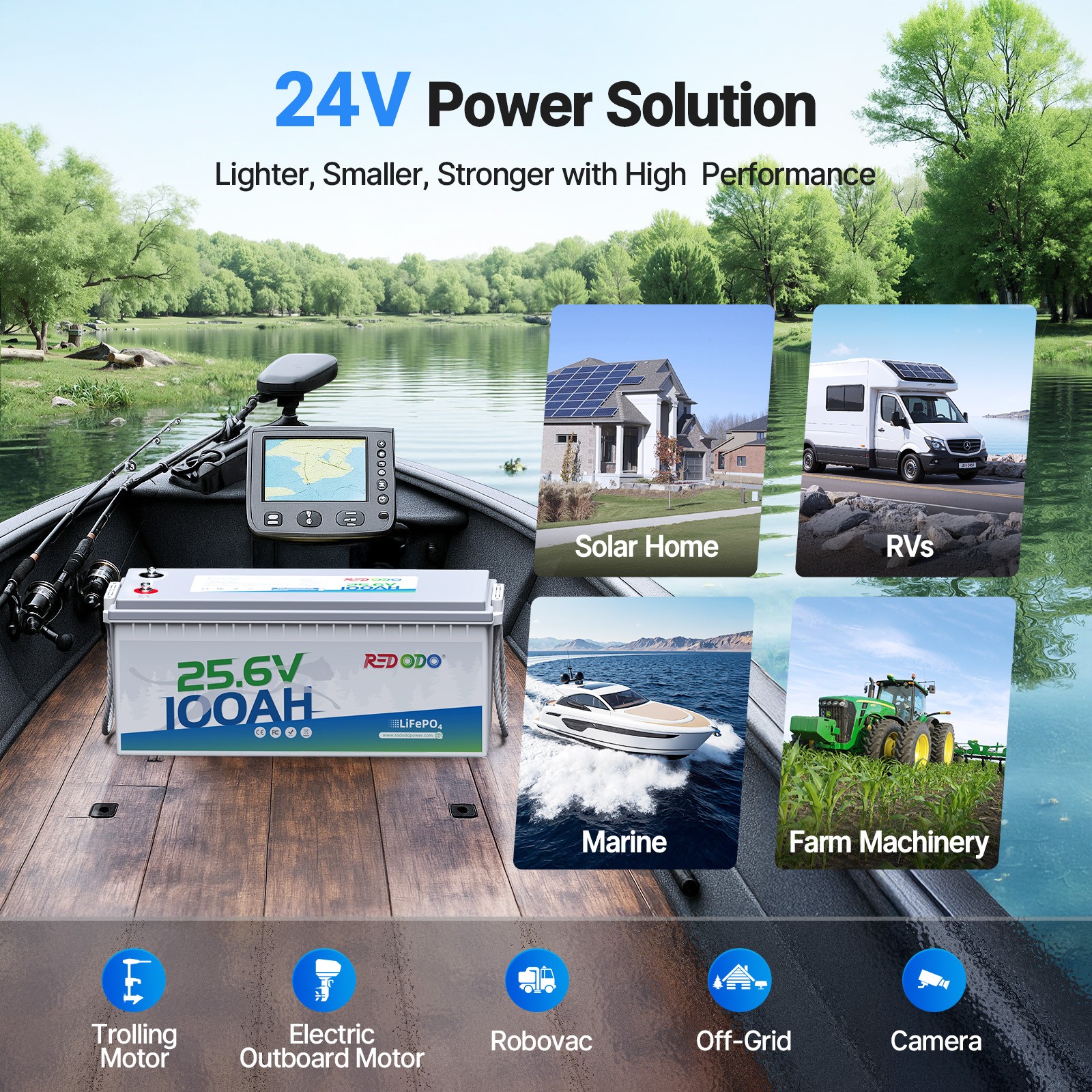 Redodo LiFePO4 24V 100Ah Deep Cycle Lithium Battery for RV Off-grid Solar Marine