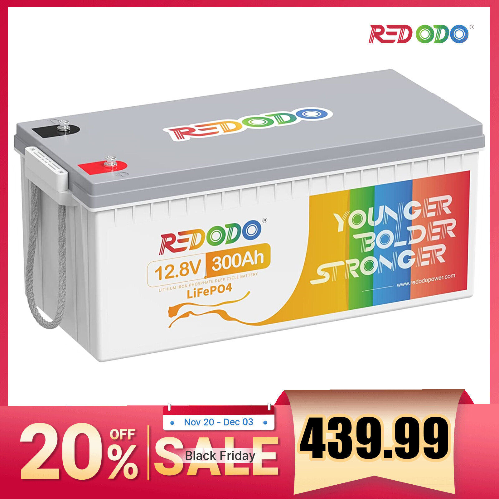 Redodo 12V 300Ah LiFePO4 Battery 4000+ Deep Cycles 3840Wh 200A BMS for RV Solar