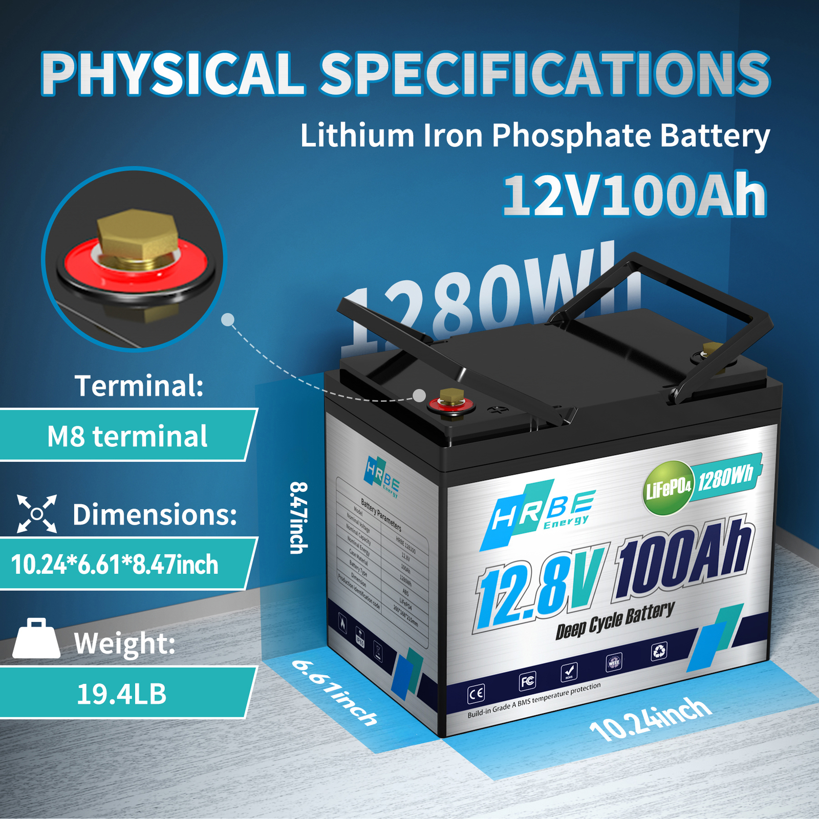 12V 100Ah LiFePO4 Lithium Battery 100A BMS for Solar RV Off-grid Trolling Boat