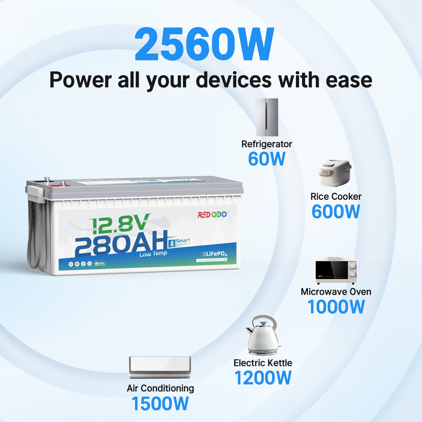 Redodo 12V 280Ah Bluetooth LiFePO4 Lithium Battery 3584Wh for RV Marine Solar