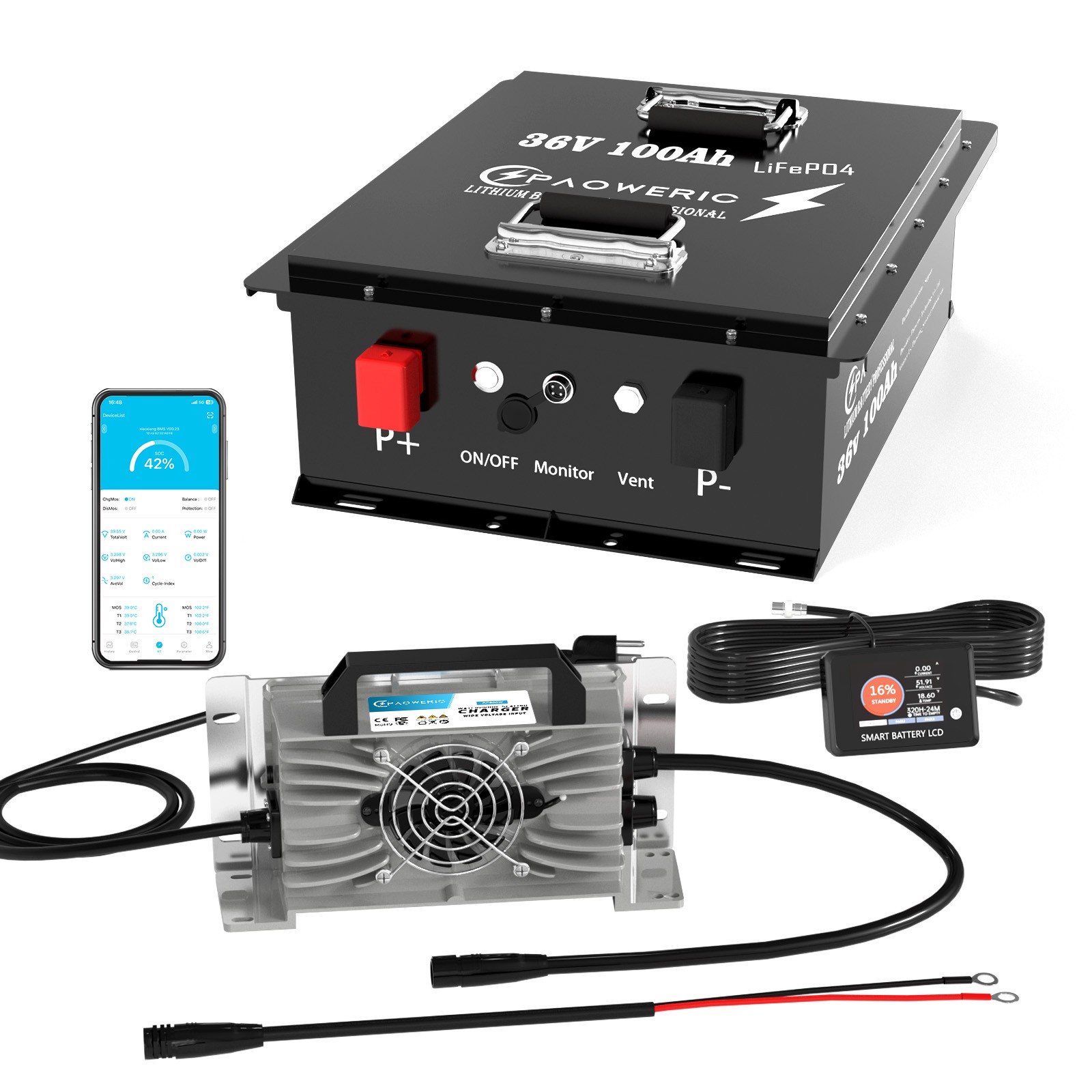 36V 100AH Golf Cart Lithium Battery Bluetooth Deep Cycle BMS Trolling Motor RV