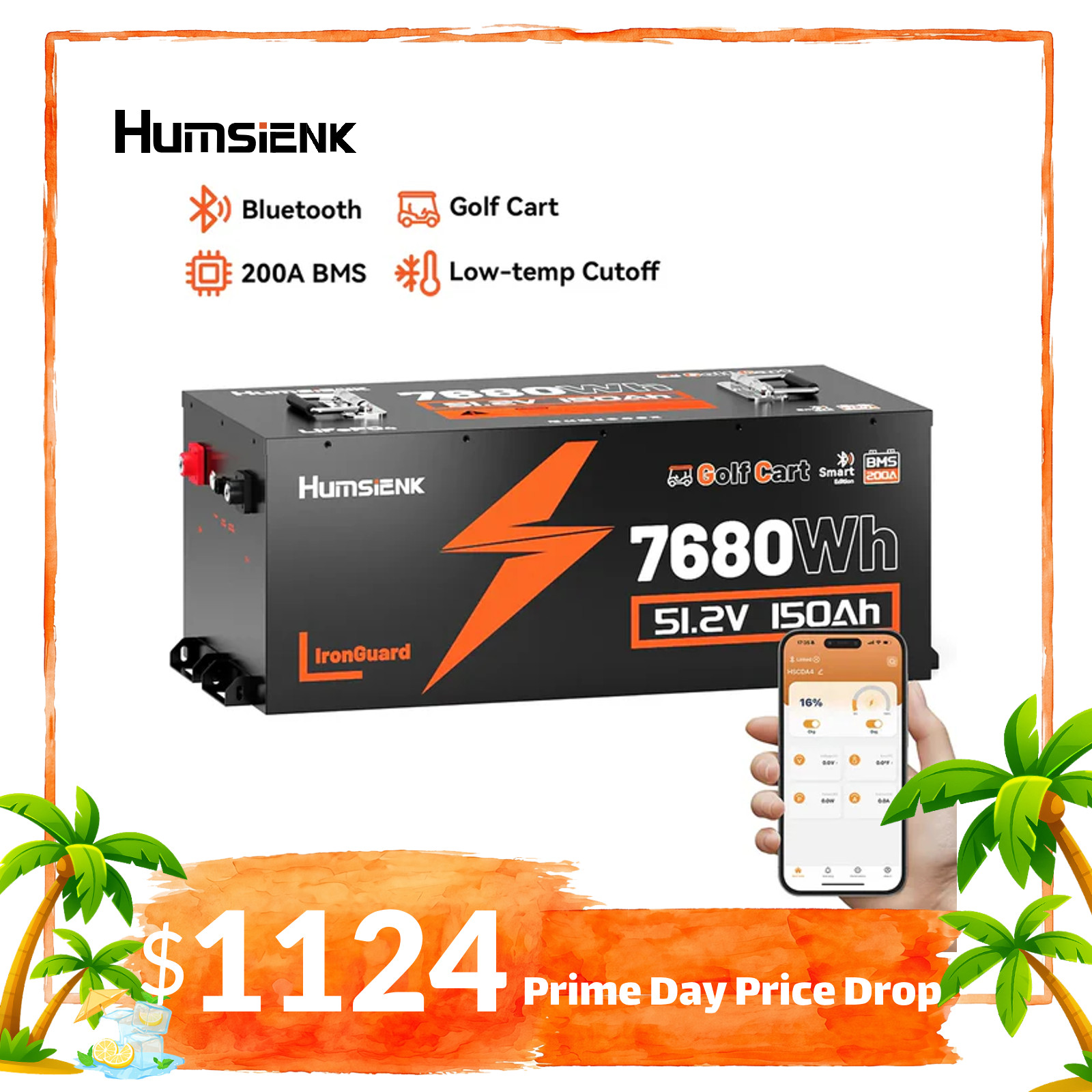 Humsienk 48V 150Ah 7680Wh LiFePO4 Battery Golf Cart Blade Cells Metal Case APP
