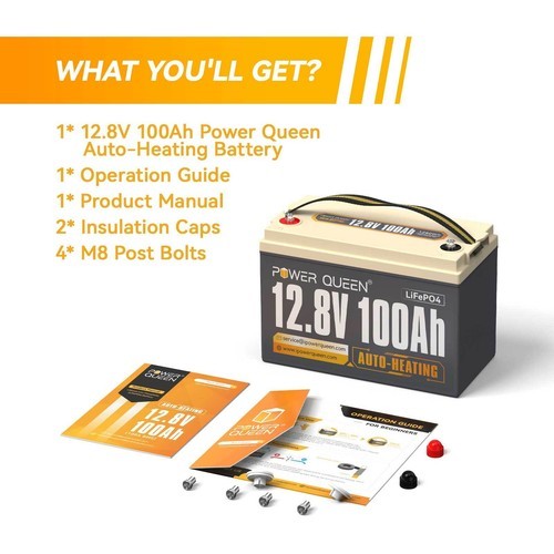 Power Queen 12V 100Ah Auto-Heating LiFePO4 Lithium Battery BMS Support Low Temp.