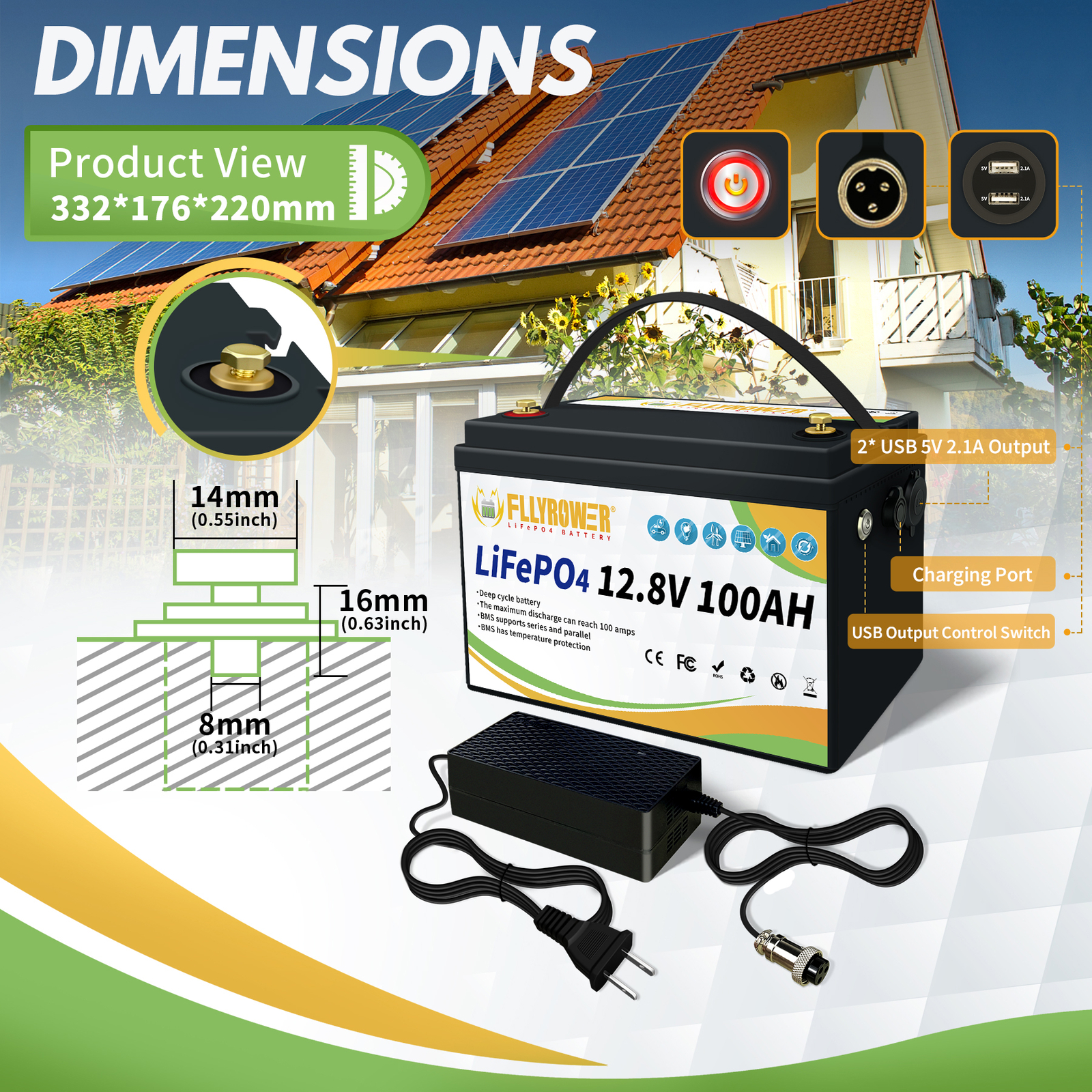12V 100Ah LiFePO4 Deep Cycle Lithium Battery w/ 100A BMS for Solar RV Off-grid