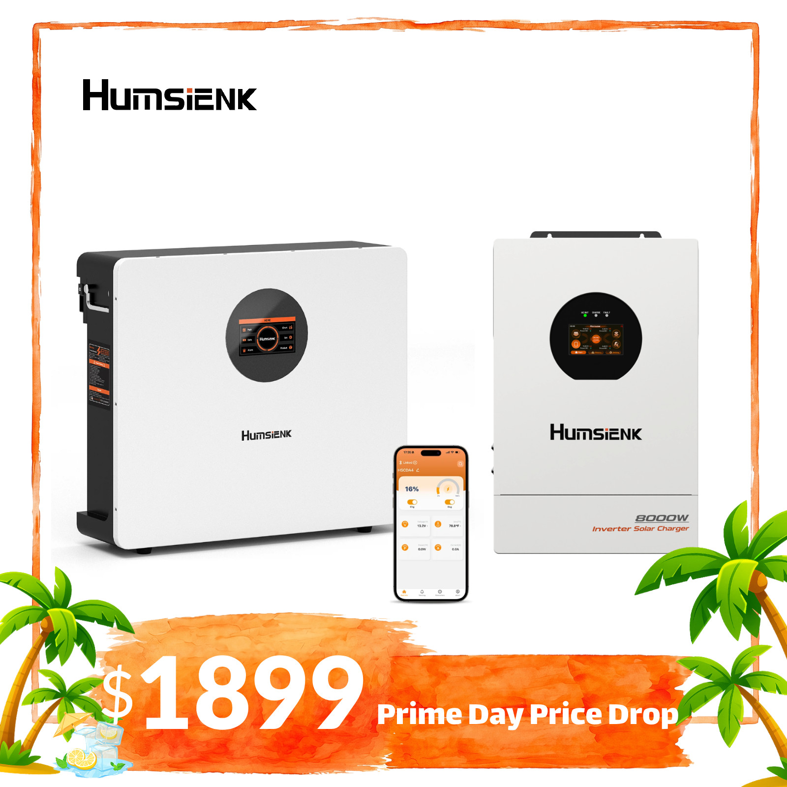 Humsienk 48V 100V Wall-Mounted LiFePO4 Battery + 48V 8KW Solar Hybrid Inverter