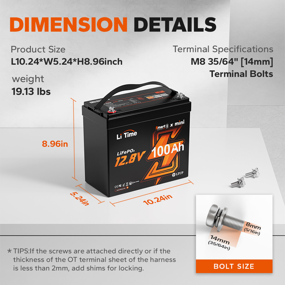 LiTime 12V 100Ah Mini Bluetooth LiFePO4 Lithium Battery BMS for RV Marine Solar