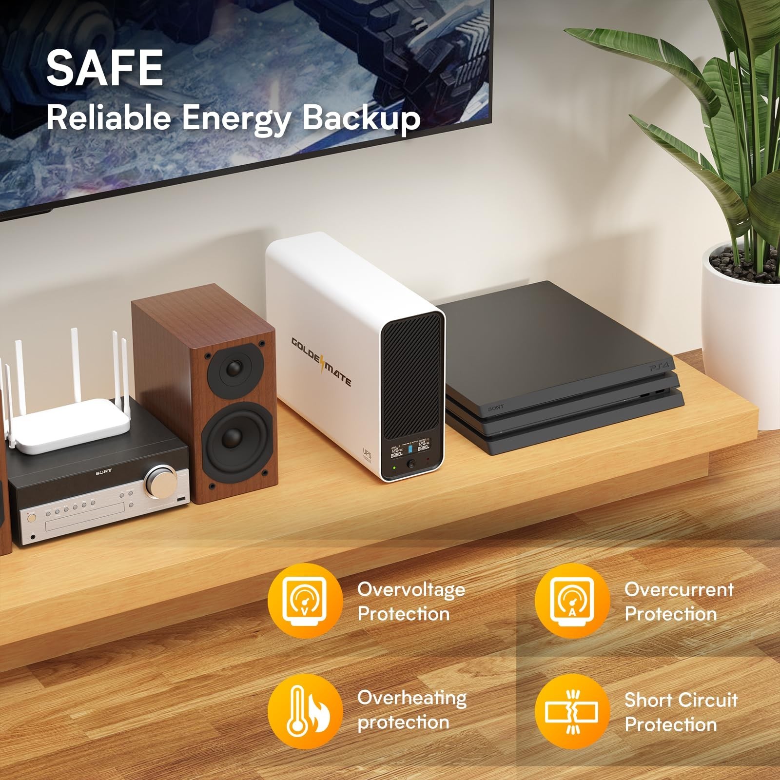 Goldenmate 1000VA 600W LiFePO4 Battery Backup UPS, Pure Sine Wave Surge Protect