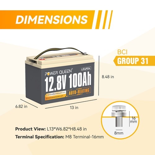 Power Queen 12V 100Ah Auto-Heating LiFePO4 Lithium Battery BMS Support Low Temp.