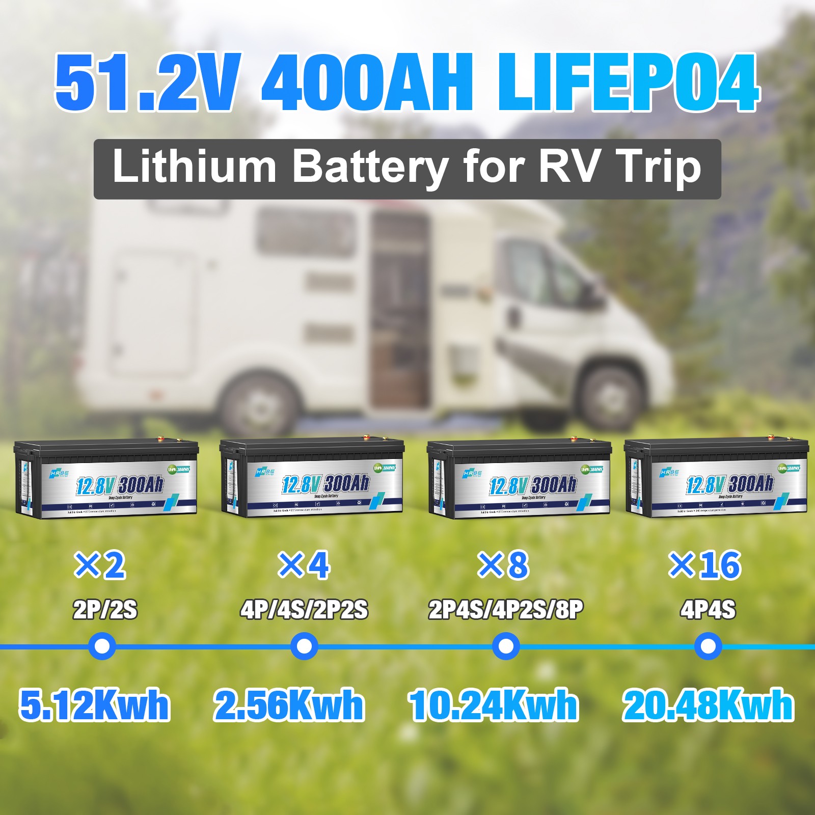 8PCS 12V 300Ah 3840Wh LiFePO4 Lithium Battery 200A BMS Low-Temp RV Off-Grid