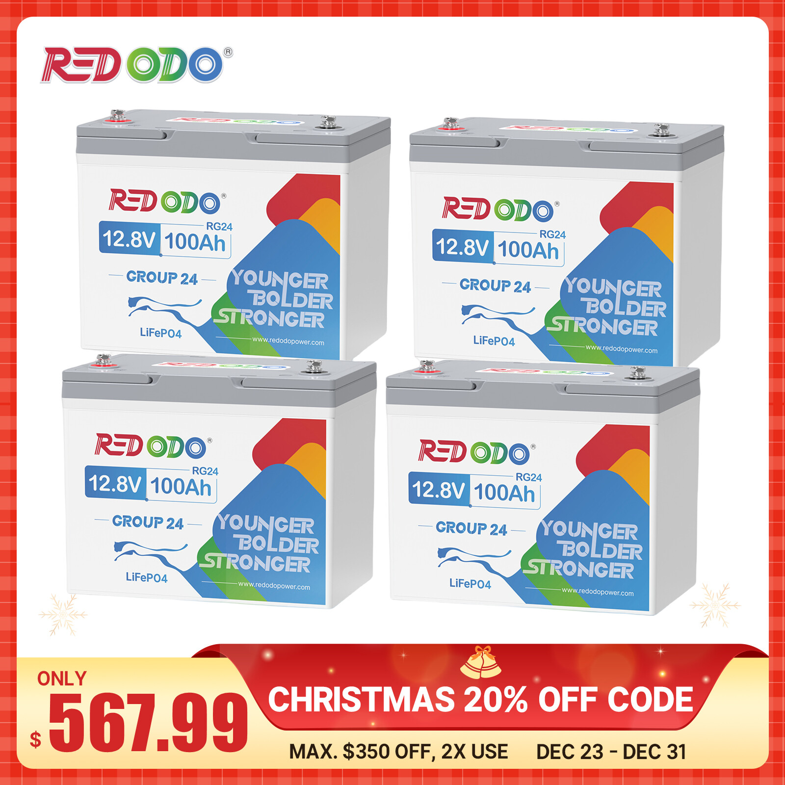 Redodo 12V 100Ah Group 24 LiFePO4 Battery 1280Wh for Marine RV Solar – 4 Pack