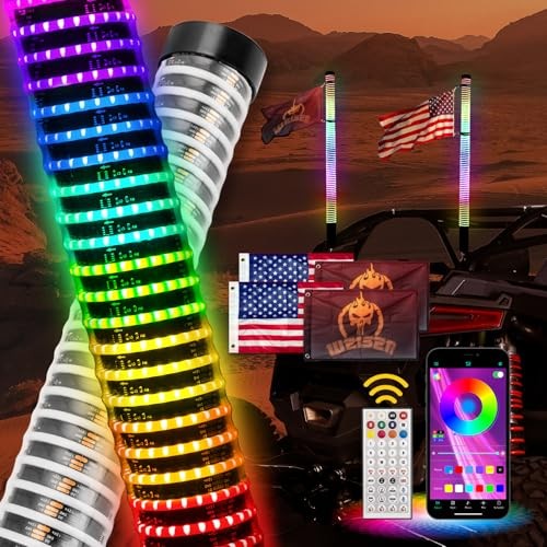 2PCS Fat COB Whip Light w/Brake Turn Reverse Light, 2″ Fat RGB Spiral 3FT