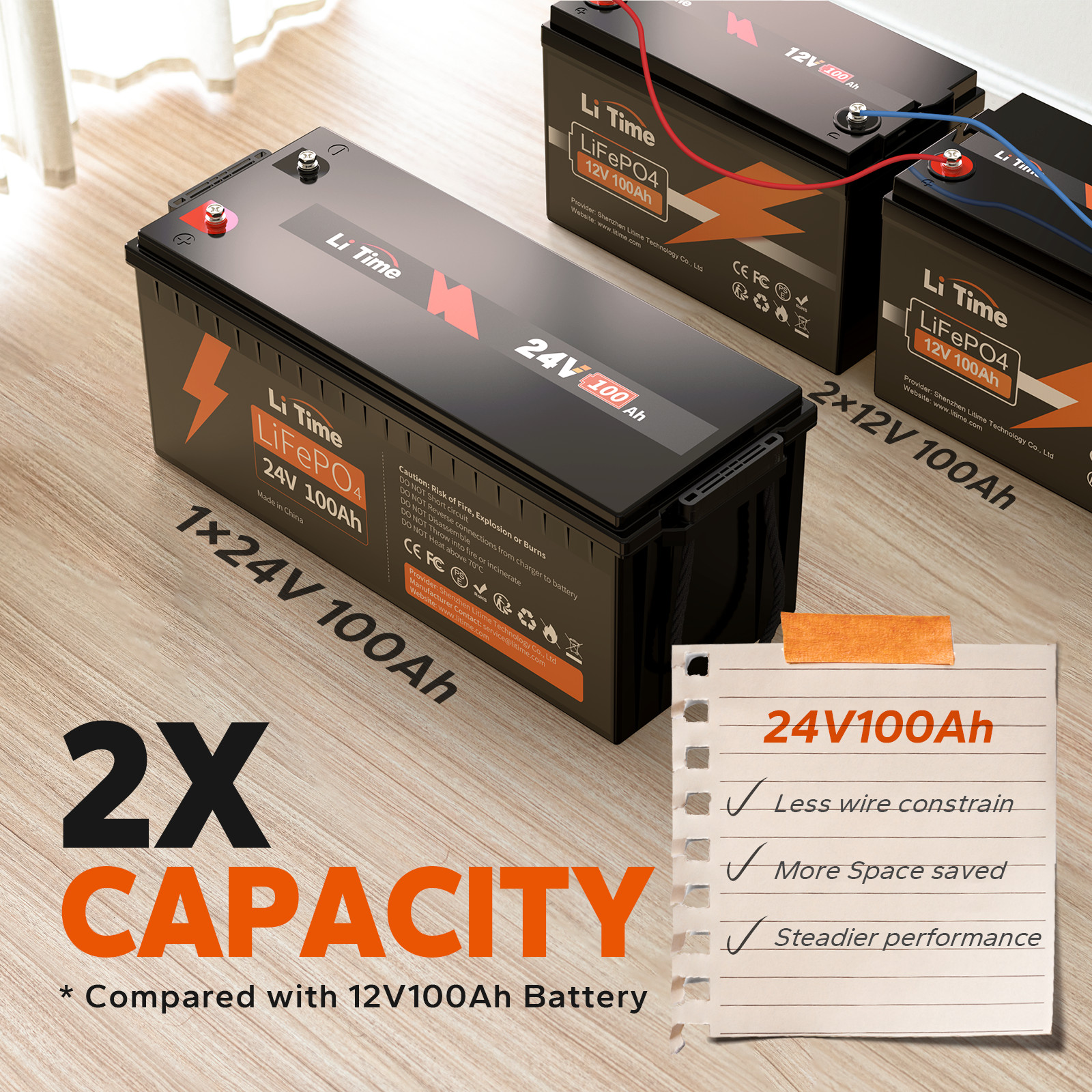 Litime 24V 100Ah LiFePO4 Lithium Battery BMS Deep Cycle for Off-grid Solar Boat