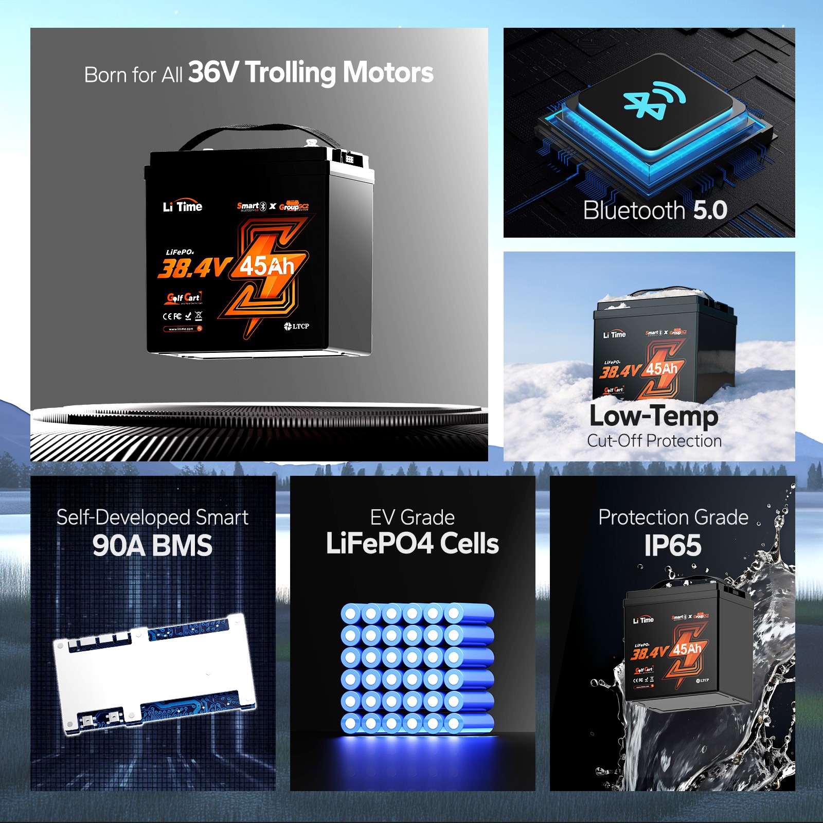 LiTime 36V 45Ah TM Bluetooth LiFePO4 Lithium Battery 90A BMS For Trolling Motor
