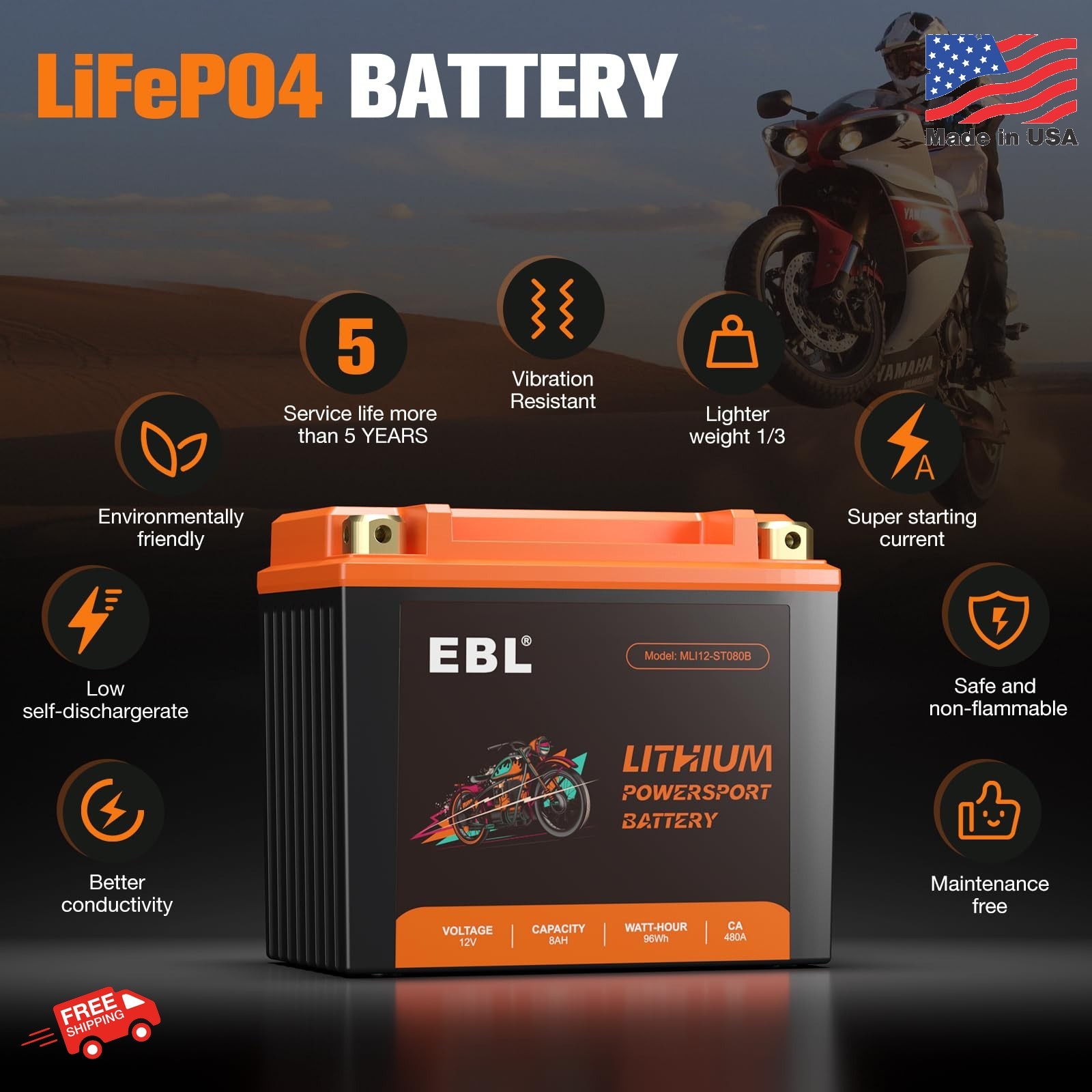 EBL Lithium YTX12-BS, 240CCA Lithium LiFePO4 Motorcycle Battery, 12V 8Ah ATV, UT