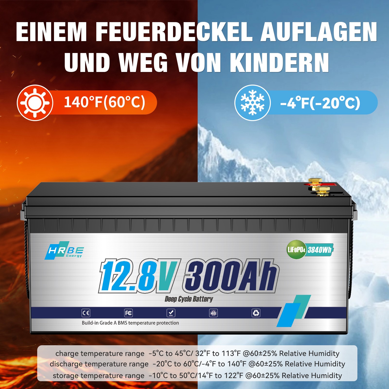 LiFePO4 12V 300Ah Deep Cycle Lithium Battery 200A BMS for RV Solar Boat Off-grid
