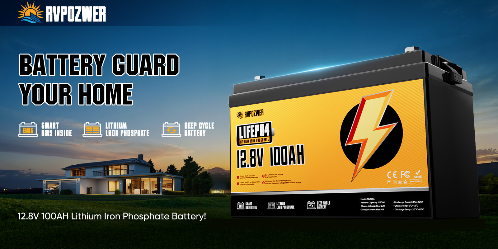 RVPOZWER 12V 100Ah LiFePO4 Lithium Battery Deep Cycle BMS for Solar RV Off-grid