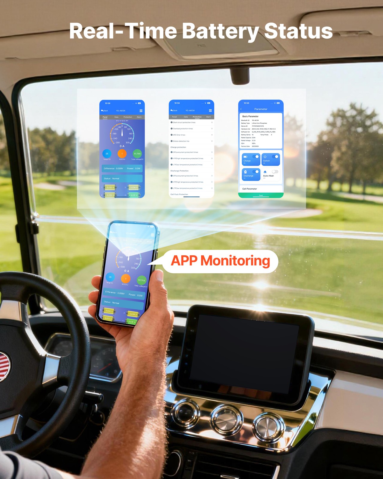 VEVOR 48V 52AH Lithium Golf Cart Battery Lifepo4 15A Charger Bluetooth APP