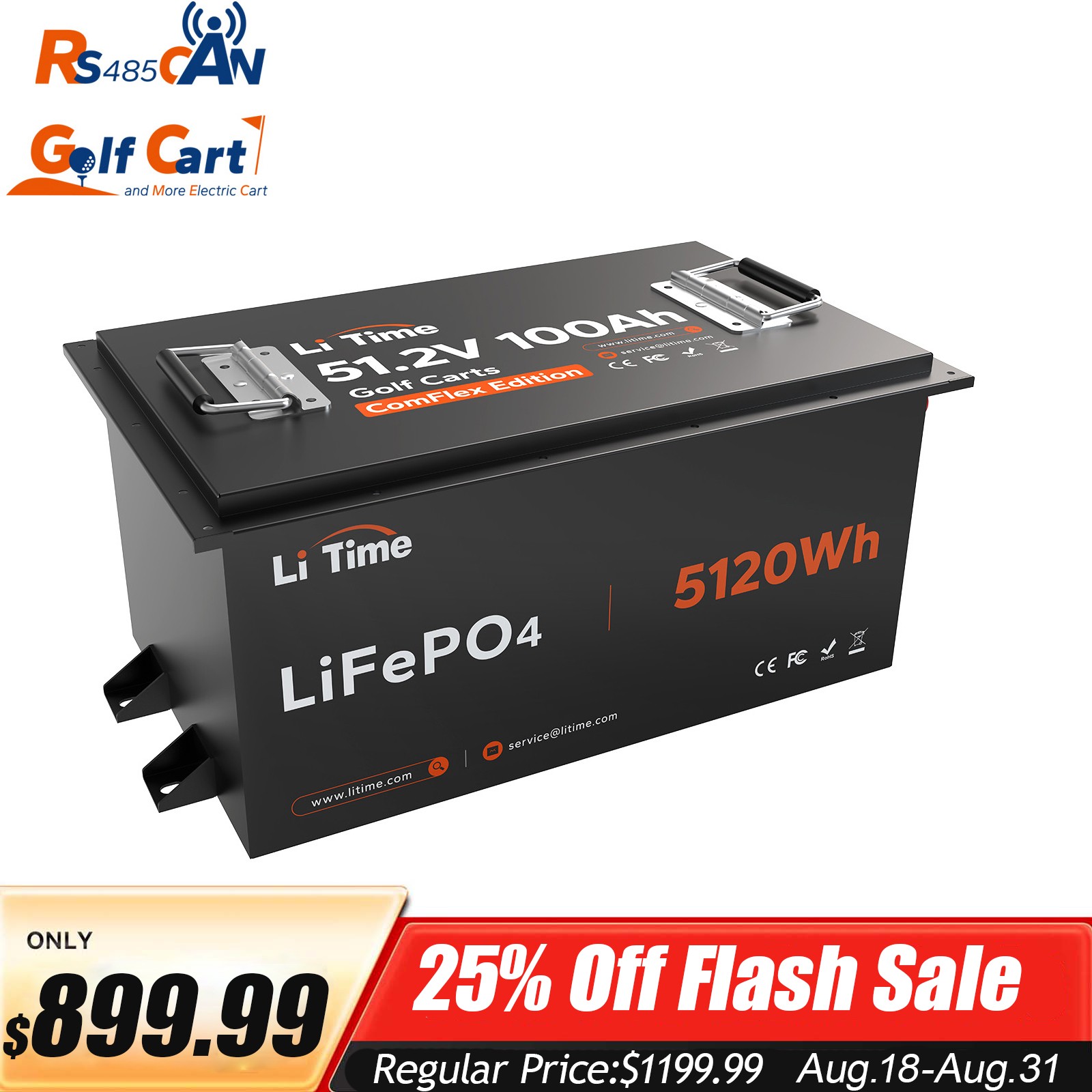 LiTime 48V 100Ah Golf Cart Metal Case Lithium Battery 200A BMS w/ Communication