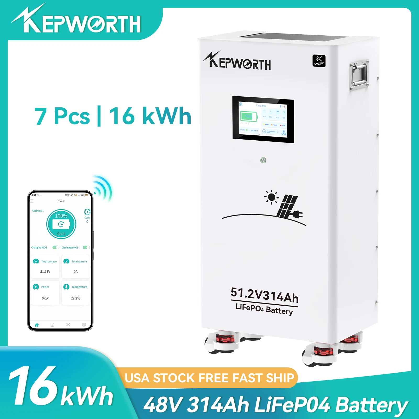 7X 48V 314Ah 16kWh Lithium Battery LiFePO4 Bluetooth 200A BMS RV Solar Off-grid