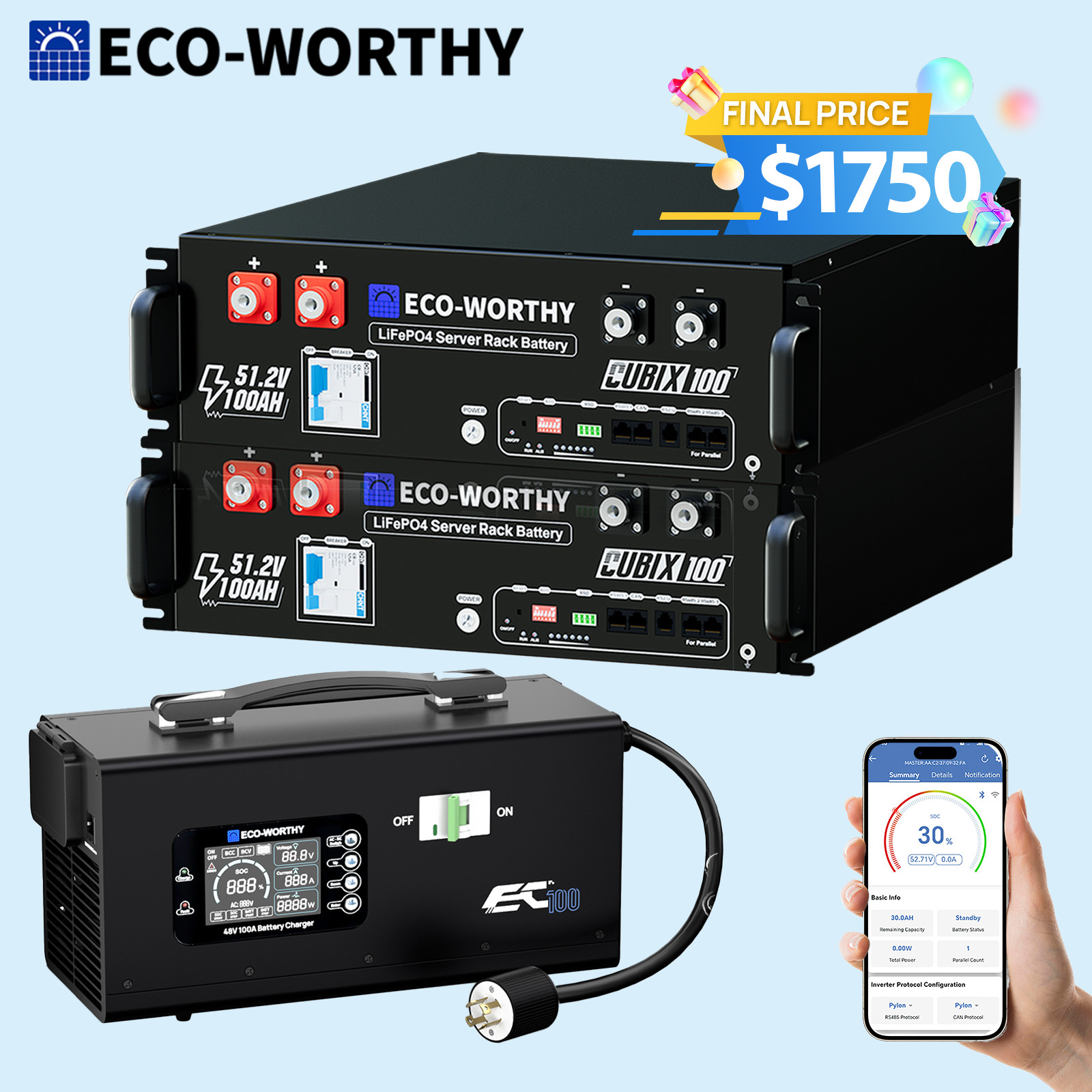 ECO-WORTHY 2 Pack 48V 100AH Lithium Battery UL1973 & UL9540A+ 48V 100A Charger