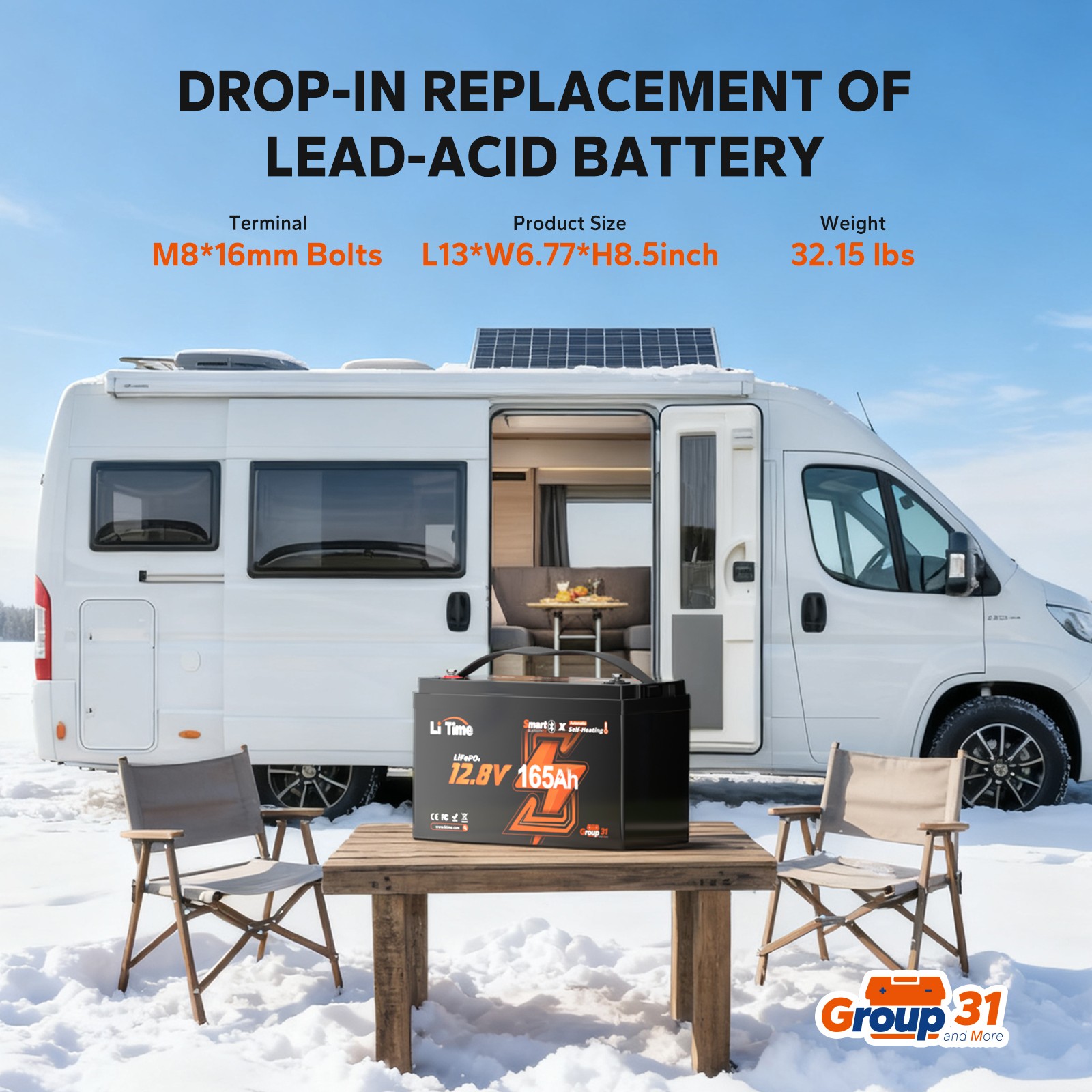 LiTime 12V 165Ah Upgrade Bluetooth Heating Group31 Lithium Battery For RV Marine