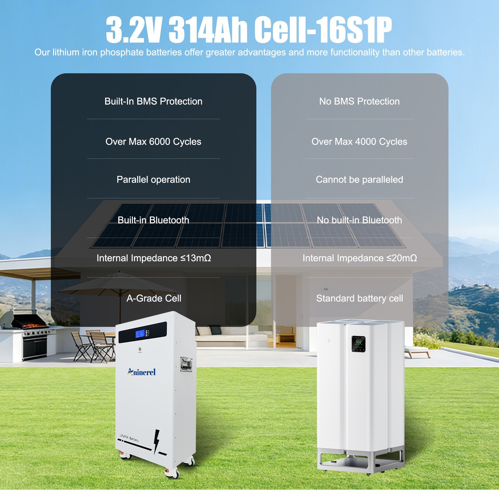 ANINEREL 2Pack 32.15kWh 48V 314AH LiFePO4 Battery Vertical Standing Solar Backup