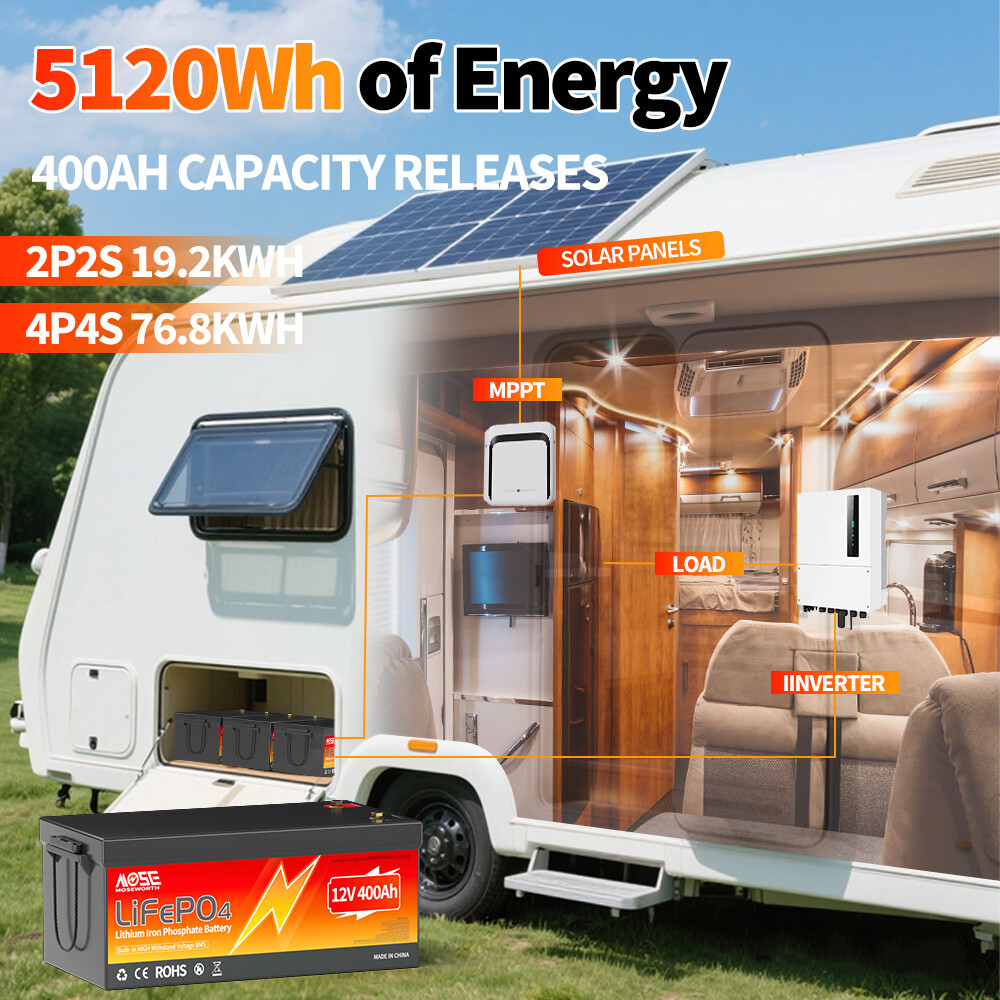 12V 400Ah LiFePO4 Lithium Battery 200A BMS 5.12KW 20000+Cycle Solar RV Off-grid
