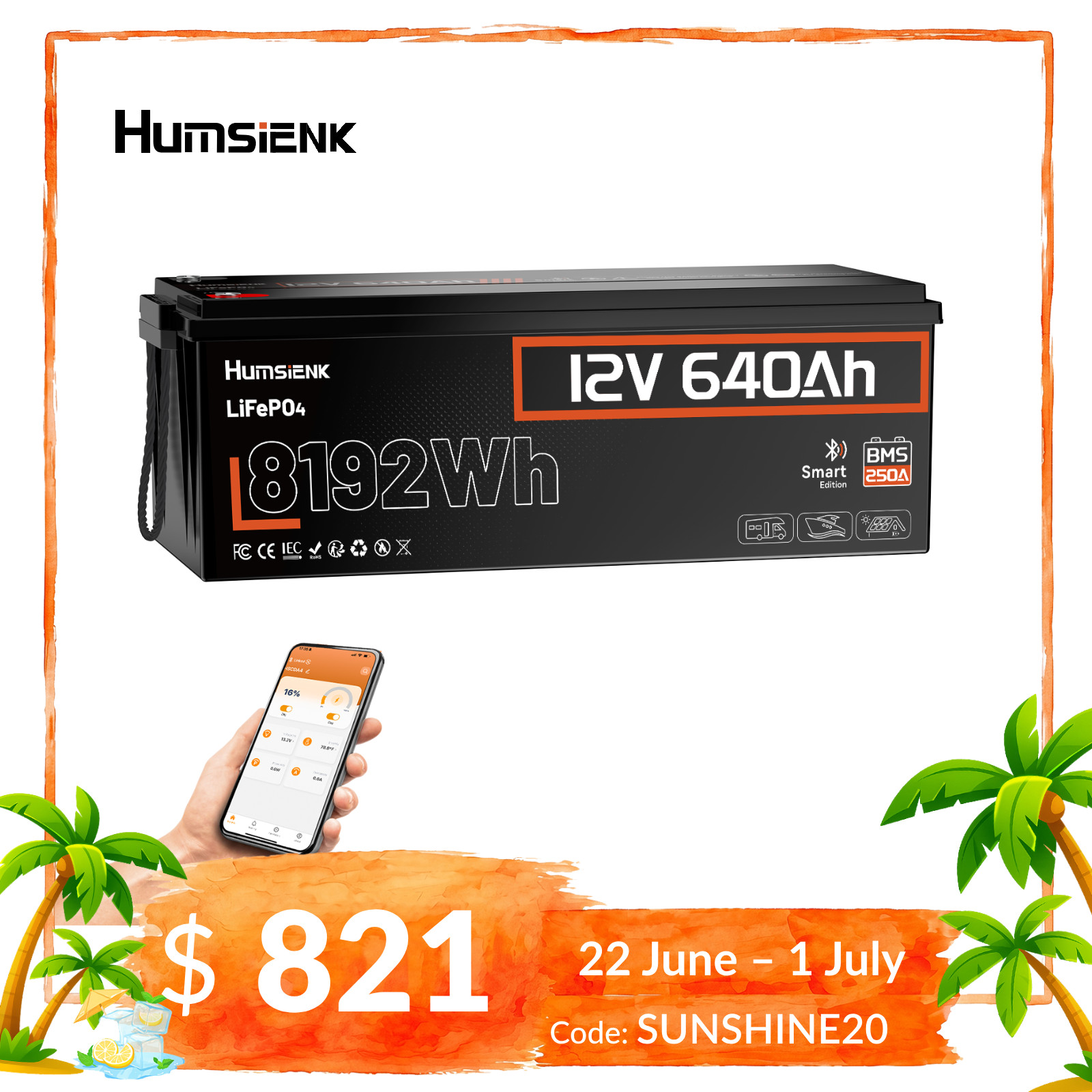 Humsienk 12V 640Ah LiFePO4 Lithium Battery 250A BMS Bluetooth Solar Off-Grid RVs