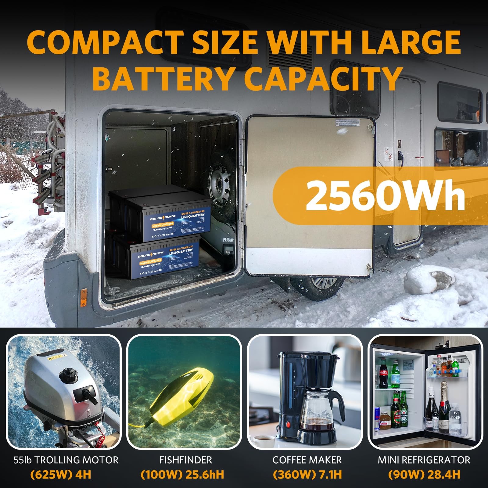 Goldenmate 12V 200Ah LiFePO4 Deep Cycle Battery with BMS for Solar RV Home Backu