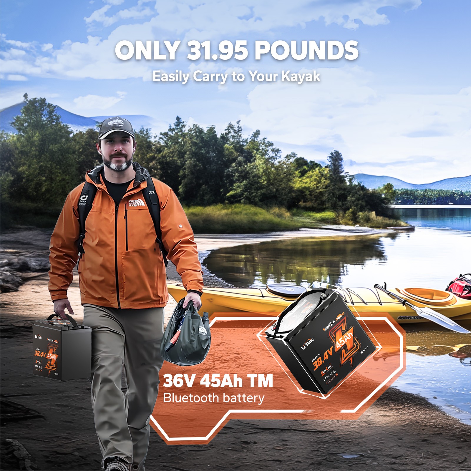 LiTime 36V 45Ah TM Bluetooth LiFePO4 Lithium Battery 90A BMS For Trolling Motor