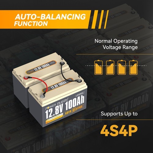 Power Queen 12V 100Ah Auto-Heating LiFePO4 Lithium Battery BMS Support Low Temp.