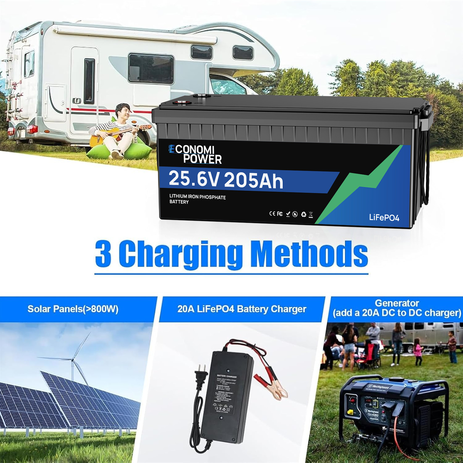 25.6V 205Ah LiFePO4 Battery 5.2kWh 200A BMS Bluetooth | RV Solar Marine Off-Grid