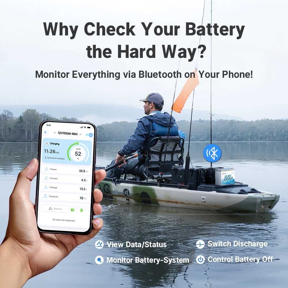 Redodo 12V 100Ah Bluetooth LiFePO4 Lithium Battery Group 22NF, 14.6V 20A Charger