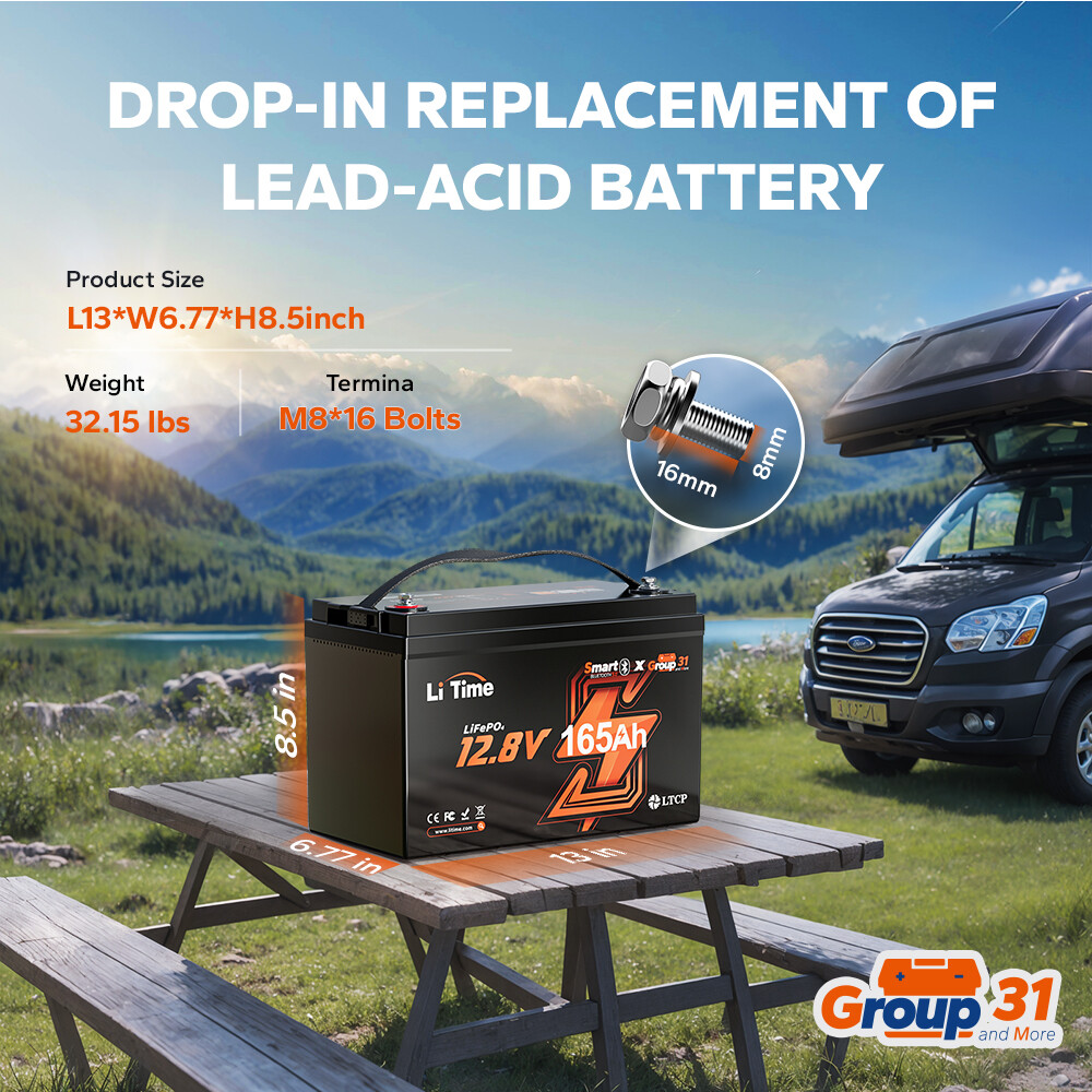 LiTime 12V 165Ah Bluetooth LiFePO4 Lithium Battery Deep Cycle For RV Boat Solar
