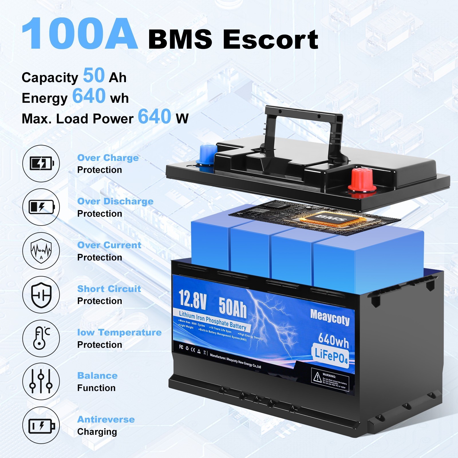 12.8V 50Ah LiFePO4 Deep Cycle Lithium Battery for RV Camping Marine Off-grid