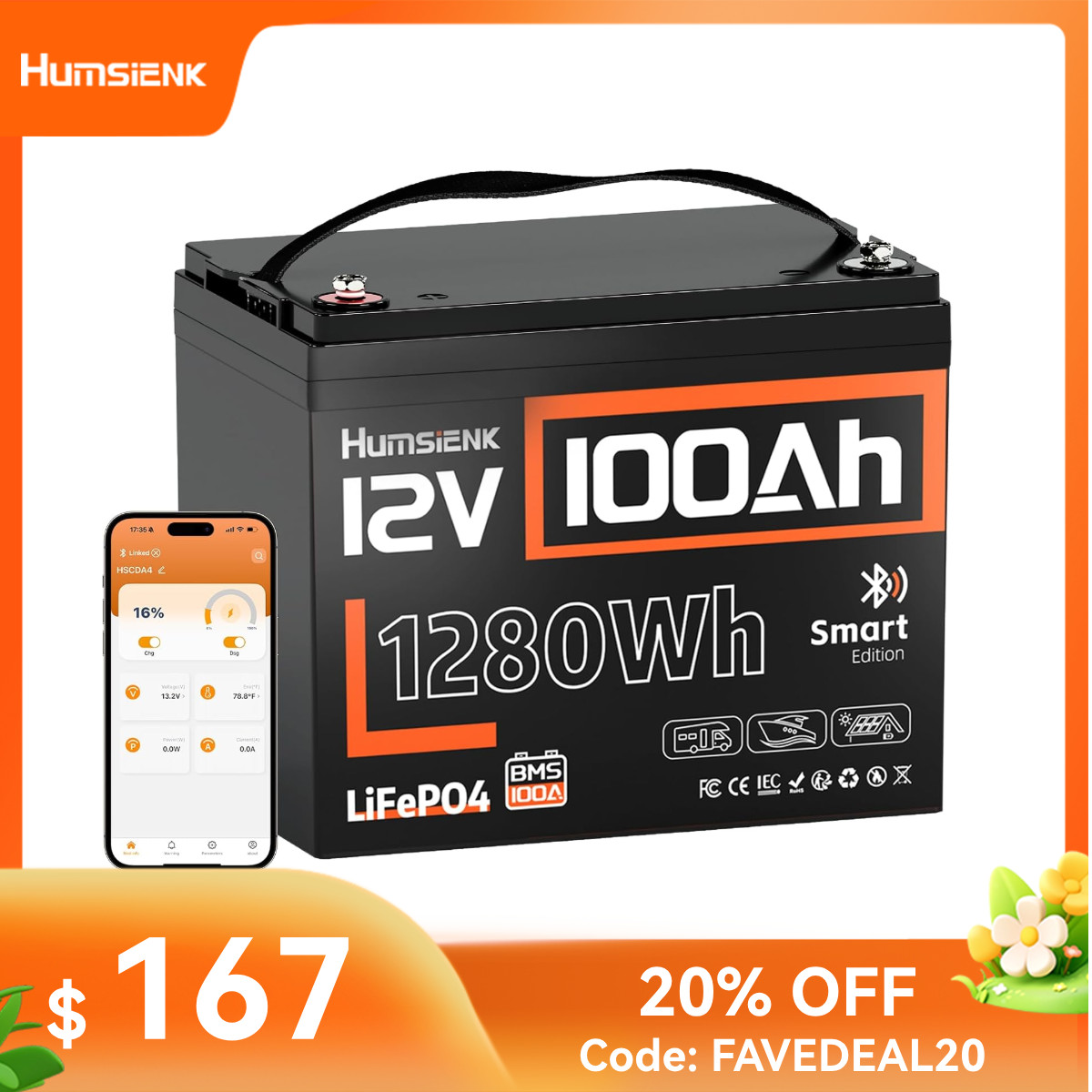HumsiENK 12V 100Ah LiFePO4 Lithium Battery Bluetooth BMS Group 24 Marine Solar