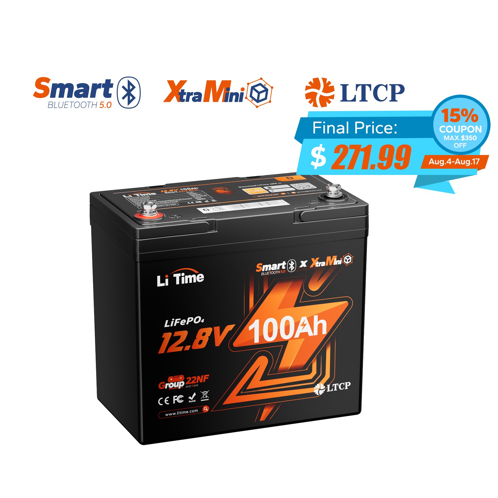 LiTime 12V 100Ah Xtra Mini Bluetooth Lithium LiFePO4 Battery for RV Camper Kayak