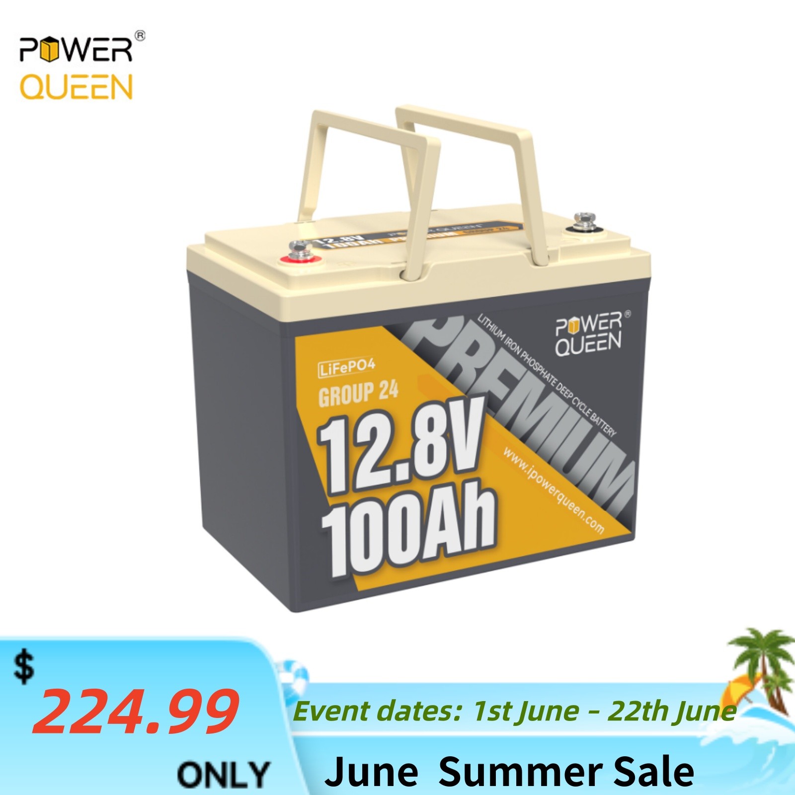 Power Queen 12V 100Ah Group 24 LiFePO4 Battery Deep Cycle Lithium with 100A BMS