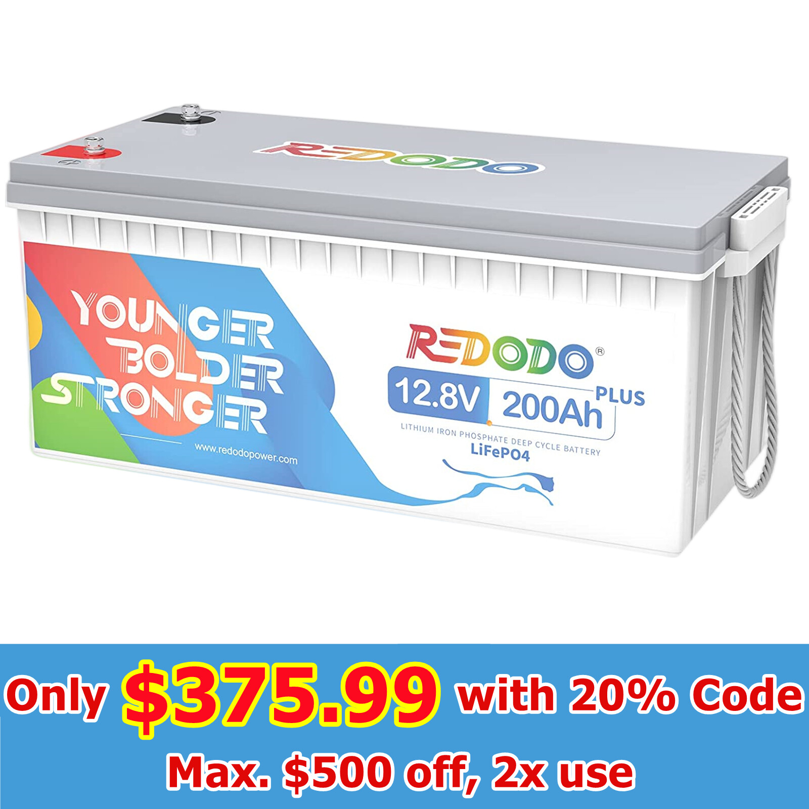 Redodo 12V 200Ah PLUS LiFePO4 Lithium Battery 200A BMS Max 200A Current 2560Wh