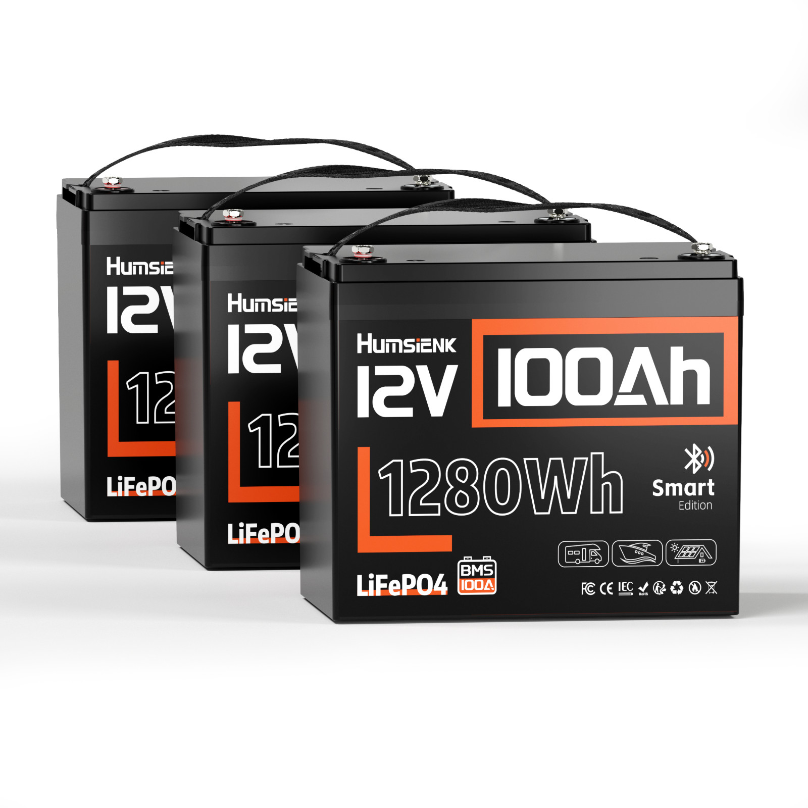 3 Pack 12V 100Ah 5120Wh LiFePO4 Lithium Battery Bluetooth For RV Solar Off-Grid